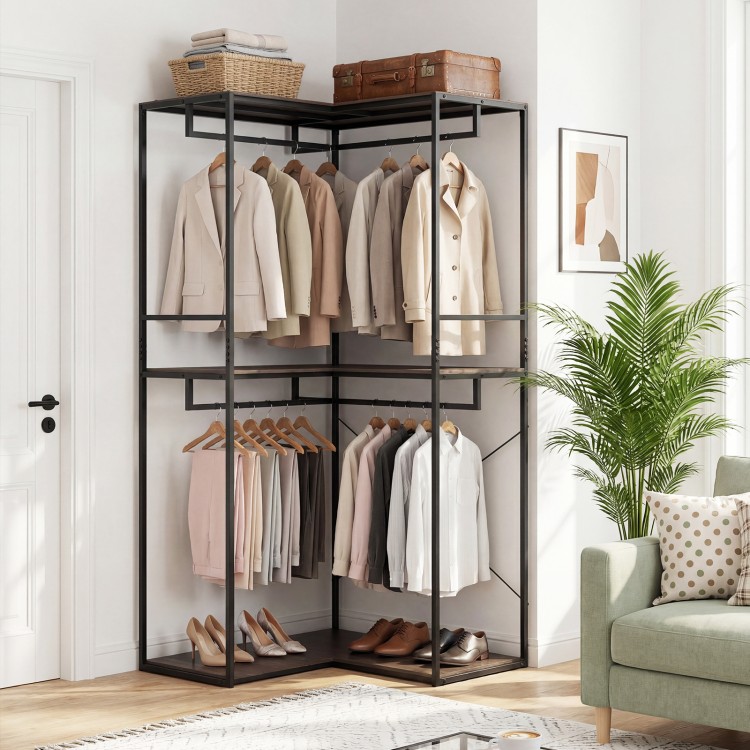 3-tier heavy duty clothes rack in black with hanging rods and wood-grain shelves, ideal for modern or rustic spaces.