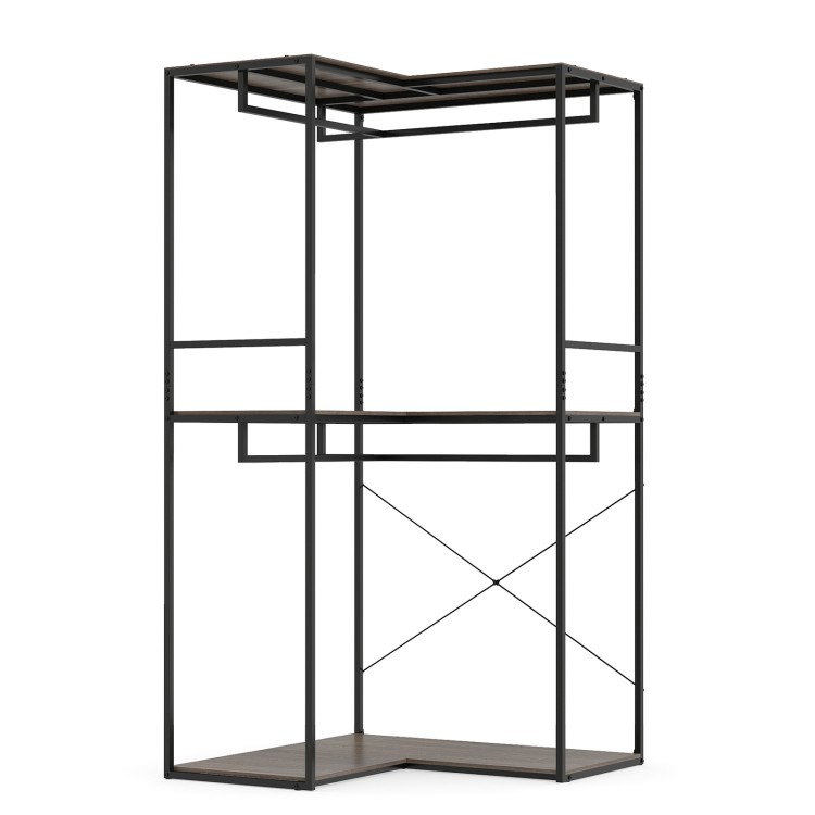 3-tier heavy duty clothes rack in black and brown with shelves and hanging rods, ideal for modern or rustic spaces.