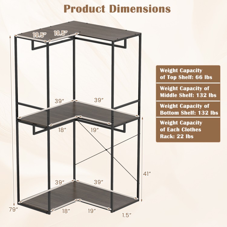 3-tier heavy duty clothes rack with black metal frame and brown wood-grain shelves, ideal for modern or rustic spaces.