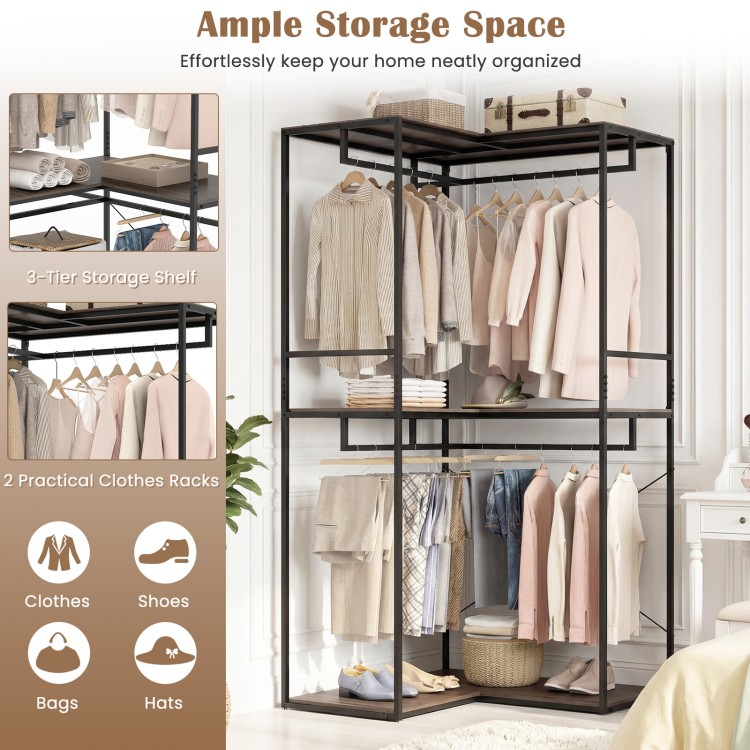 3-tier heavy duty clothes rack in black and brown with 2 hanging rods and shelves for organized storage in modern.