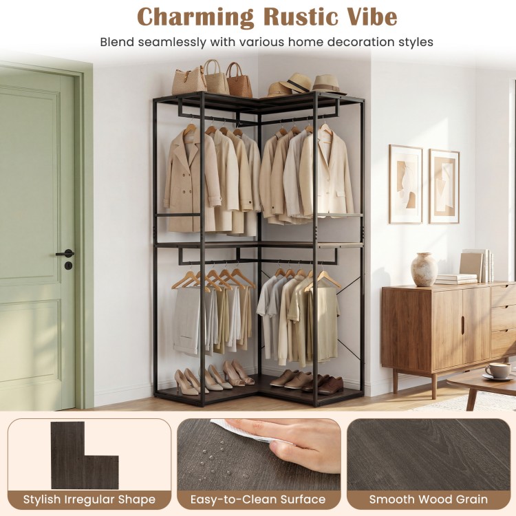 3-tier heavy duty clothes rack in black and brown with shelves and hanging rods, ideal for modern or rustic decor.