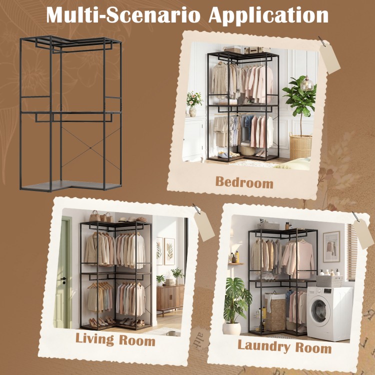 3-tier heavy duty clothes rack in black and brown with shelves and hanging rods, ideal for bedroom or laundry room use.