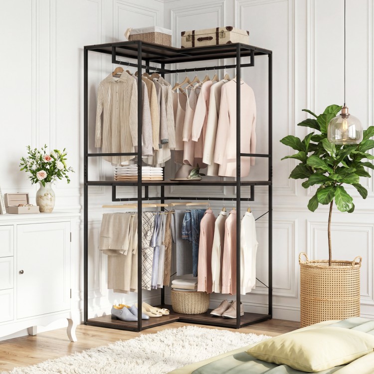 3-tier heavy duty clothes rack in black with hanging rods and wood-grain shelves for stylish storage in modern spaces.