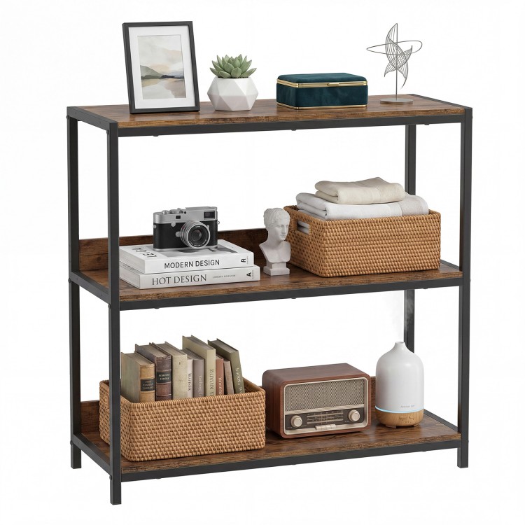 3-tier industrial bookshelf with rustic brown wooden shelves and a metal frame, ideal for stylish home organization.