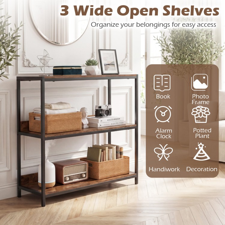 3-tier industrial bookshelf with rustic brown wooden shelves and metal frame, ideal for organizing decor and essentials.