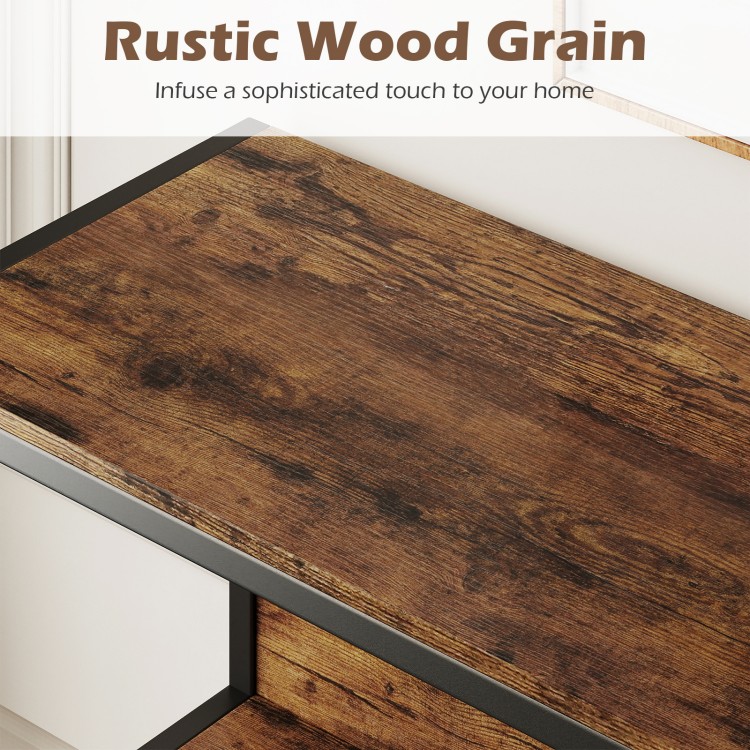 Close-up of the rustic wood grain on the 3-tier industrial bookshelf with a metal frame in rustic brown.