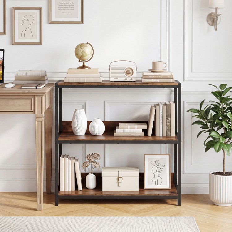3-tier industrial bookshelf featuring rustic brown wooden shelves and a sturdy metal frame, perfect for home decor.