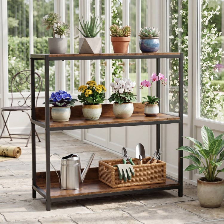 3-tier industrial bookshelf with rustic brown wooden shelves and metal frame, displaying potted plants and gardening.