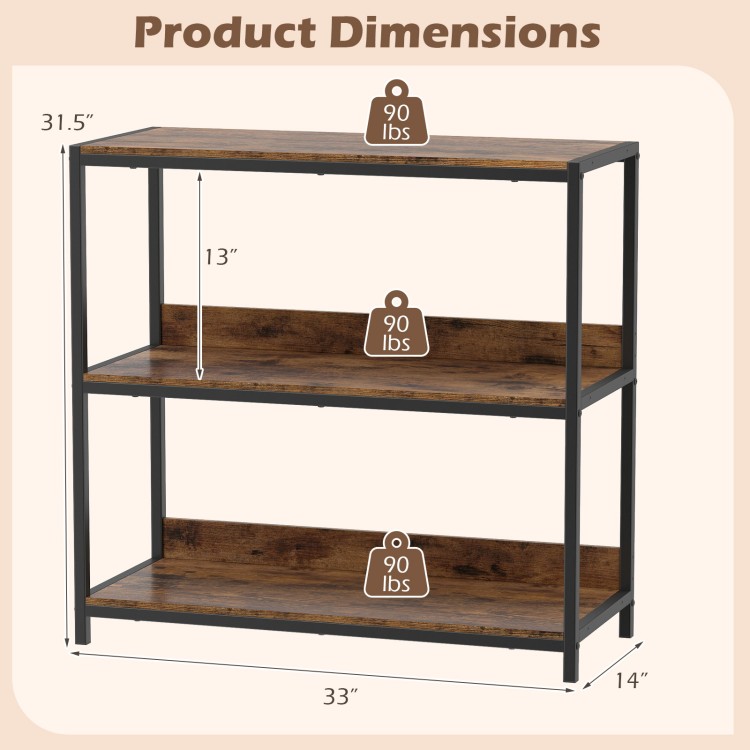 3-tier industrial bookshelf with rustic brown wooden shelves and metal frame, showcasing dimensions and weight capacity.