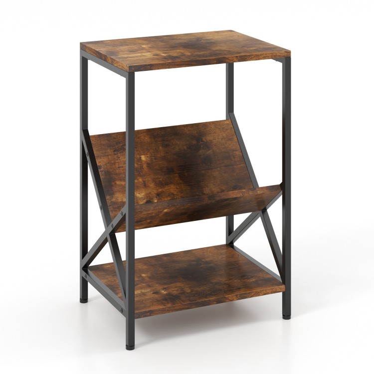 3-tier industrial side table in rustic brown with V-shaped bookshelf and open shelves, perfect for living room storage.