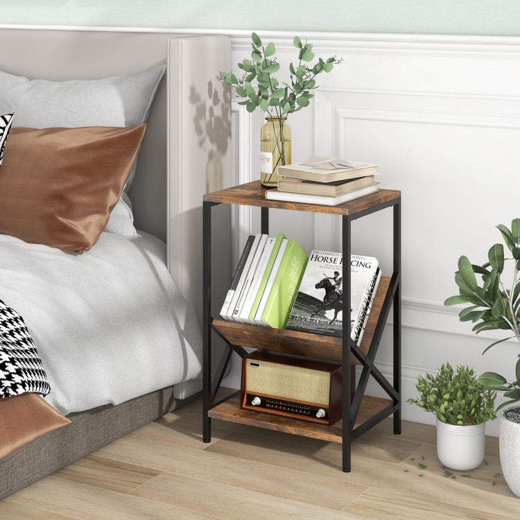 Rustic brown 3-tier industrial side table featuring a V-shaped bookshelf and open shelf, ideal for stylish living room.