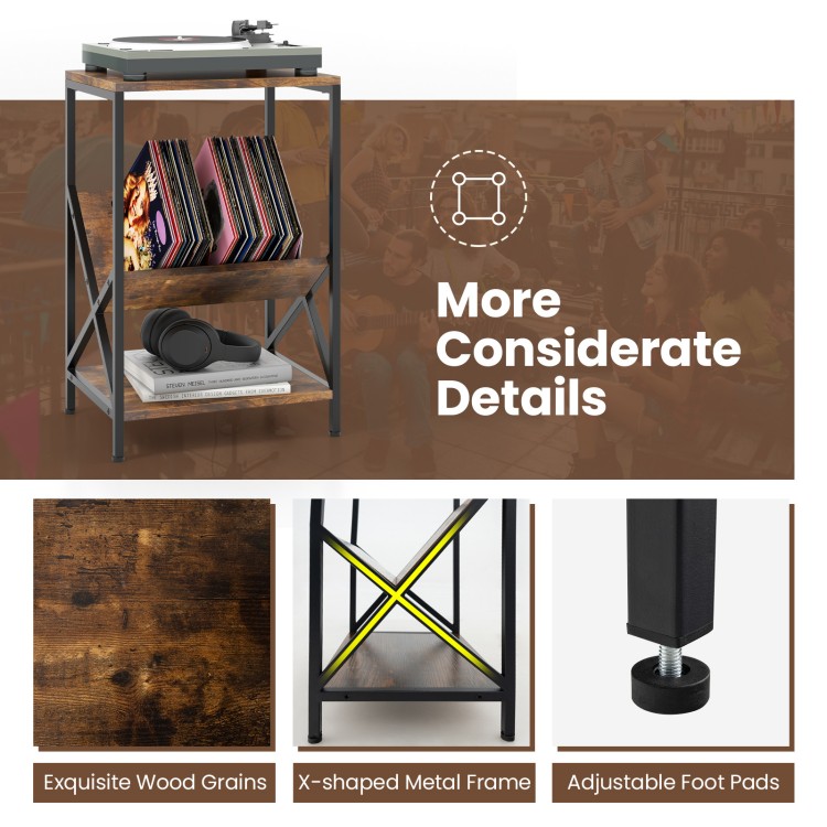 3-tier industrial side table in rustic brown with V-shaped bookshelf, adjustable feet, and solid steel frame for.