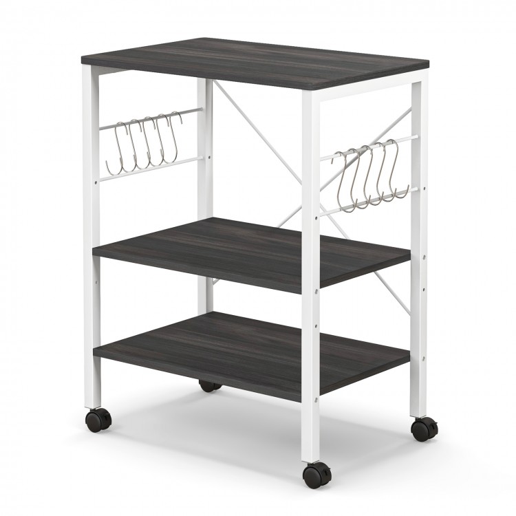 3-tier kitchen baker's rack in deep brown with steel frame, hooks, and wheels for versatile storage and easy mobility.