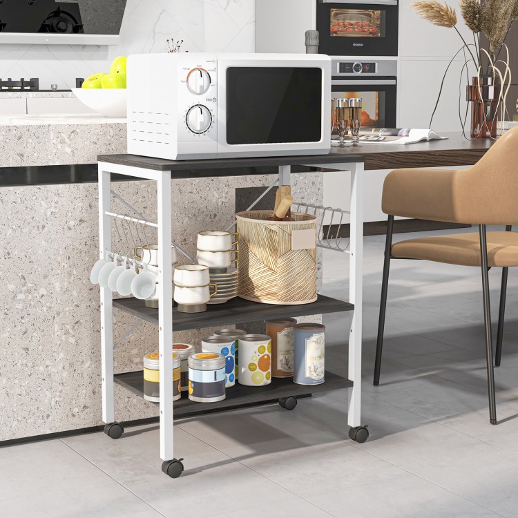 3-tier kitchen baker's rack in deep brown with hooks, ideal for microwave storage and organizing kitchen supplies.