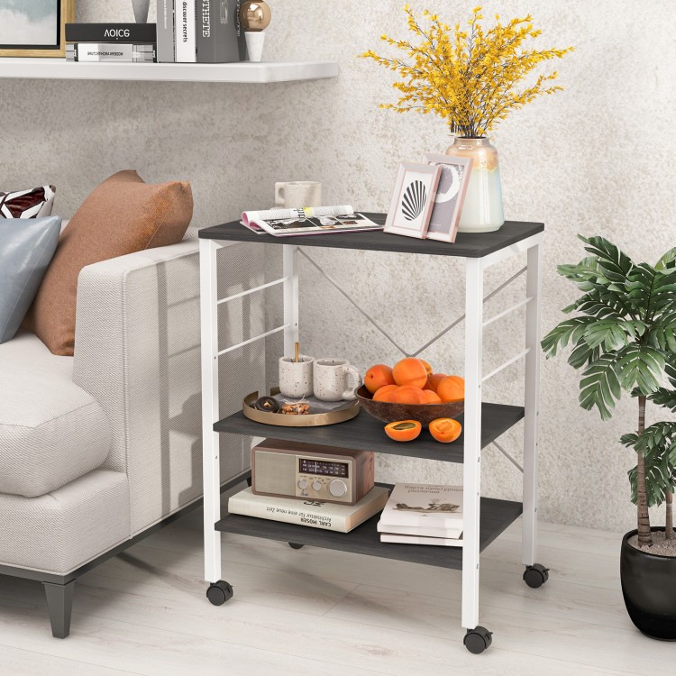 3-tier kitchen baker's rack in deep brown with wheels, hooks, and a smooth surface for versatile storage and easy.