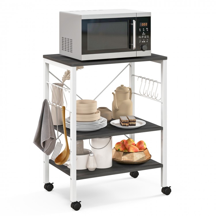 3-tier kitchen baker's rack in deep brown with microwave, plates, and hooks, perfect for storage and organization.