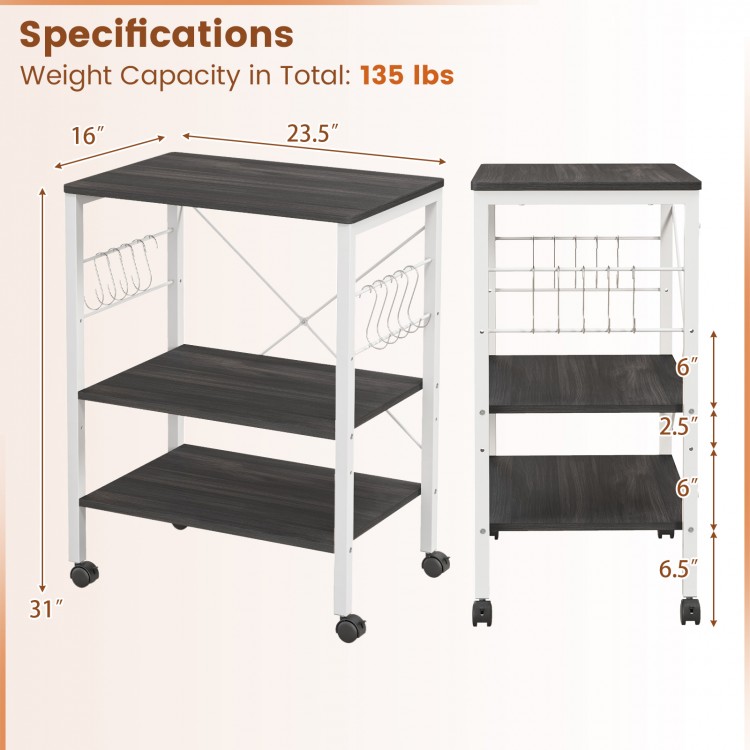 3-tier kitchen baker's rack in deep brown with hooks, adjustable shelves, and wheels for easy mobility and storage.