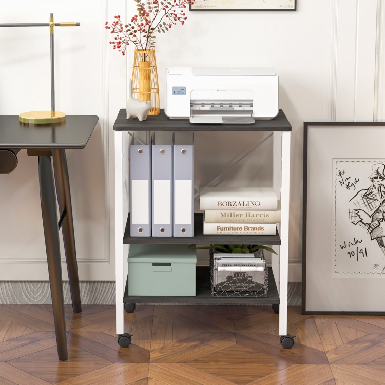 3-tier kitchen cart in deep brown with wheels, ideal for storage of kitchen supplies and printer stand.