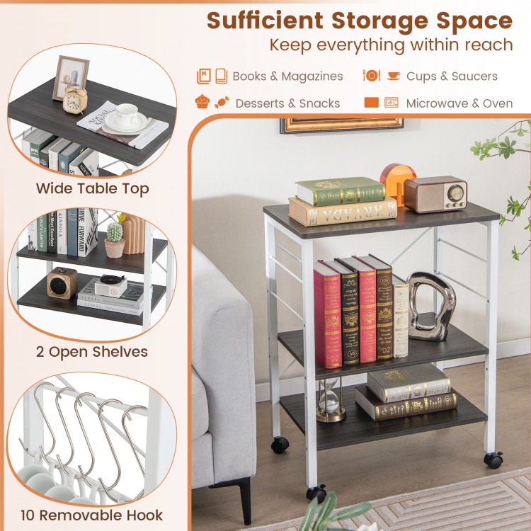 3-tier kitchen baker's rack in deep brown with removable hooks, ideal for storage and organization in any room.