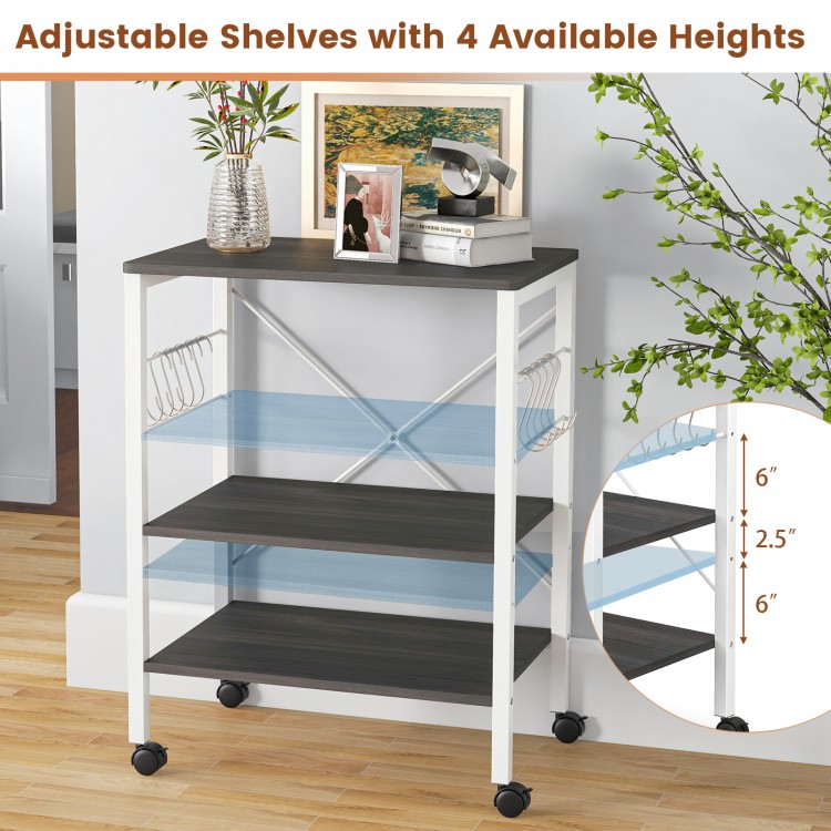 3-tier kitchen baker's rack in deep brown with adjustable shelves and hooks, perfect for storage and easy mobility.
