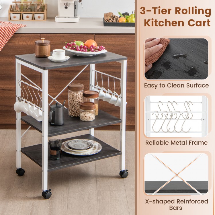 3-tier kitchen cart in deep brown with hooks, ideal for storage and easy cleaning, perfect for kitchen or coffee.