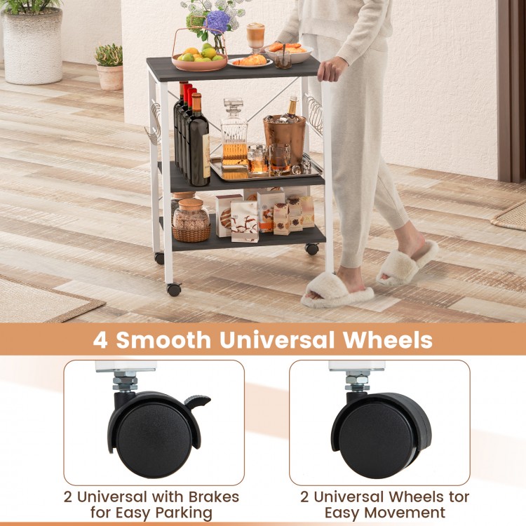 3-tier kitchen storage cart in deep brown with hooks and 4 universal wheels for easy movement and organization.