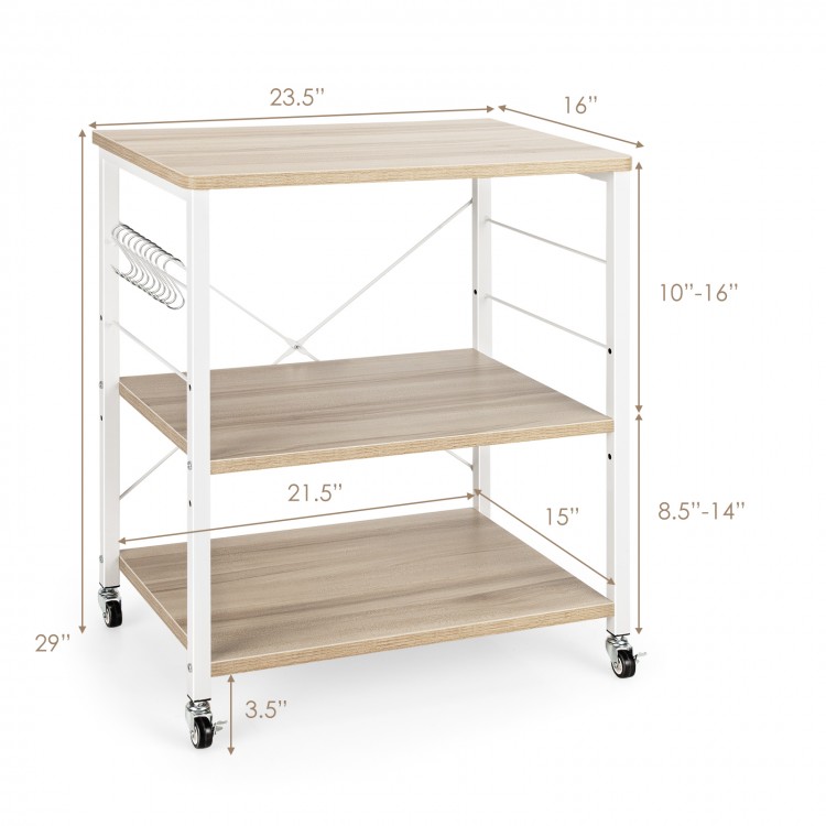 3-tier kitchen baker's rack with light brown shelves, adjustable height, and hooks for convenient storage and.