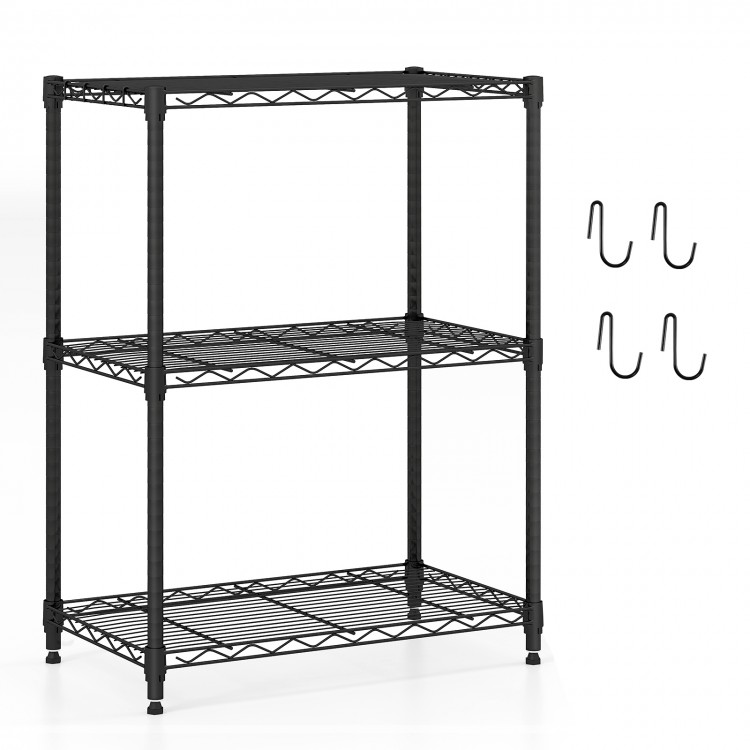 3-tier black metal storage shelving unit with adjustable shelves and removable hooks, ideal for kitchen and garage.