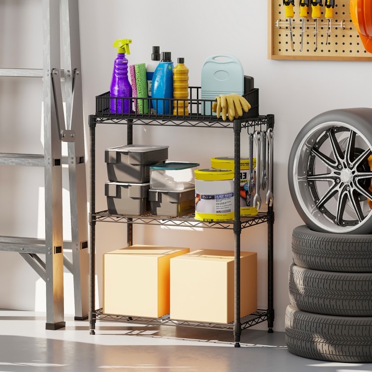 3-tier black metal storage shelving unit with V-shaped wire rack, ideal for organizing garage or basement items.