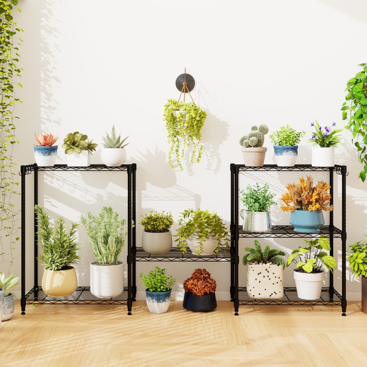 3-tier black metal storage shelving unit with plants, featuring adjustable shelves and V-shaped wire rack for.