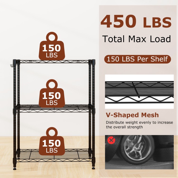 3-tier metal storage shelving unit in black with V-shaped mesh, 450 lbs capacity, ideal for kitchen and garage.