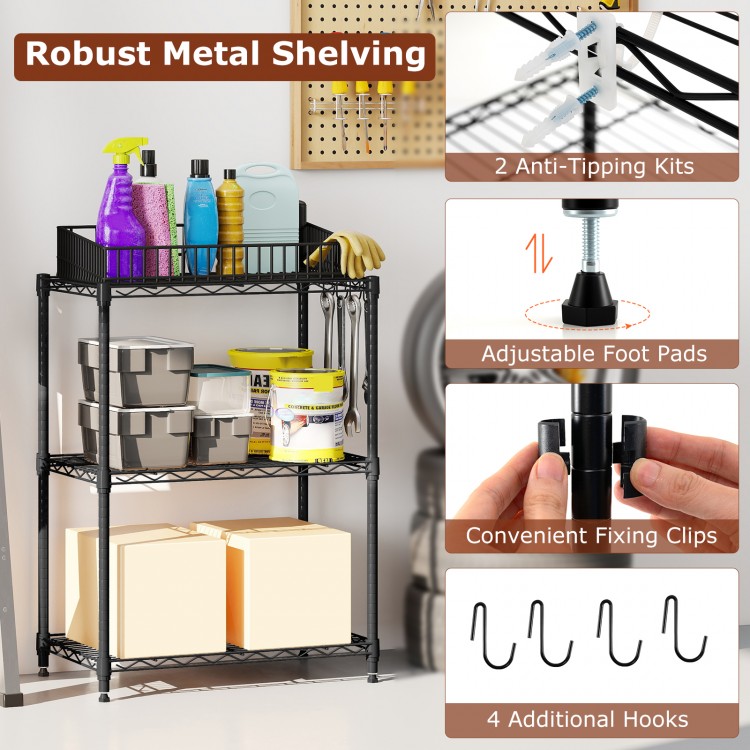 3-tier black metal storage shelving unit with adjustable shelves, 450 lbs capacity, and 4 removable hooks for versatile.