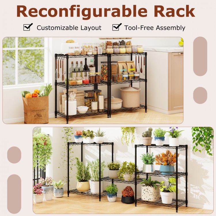 3-tier black metal storage shelving unit with adjustable shelves and V-shaped wire rack for versatile organization.