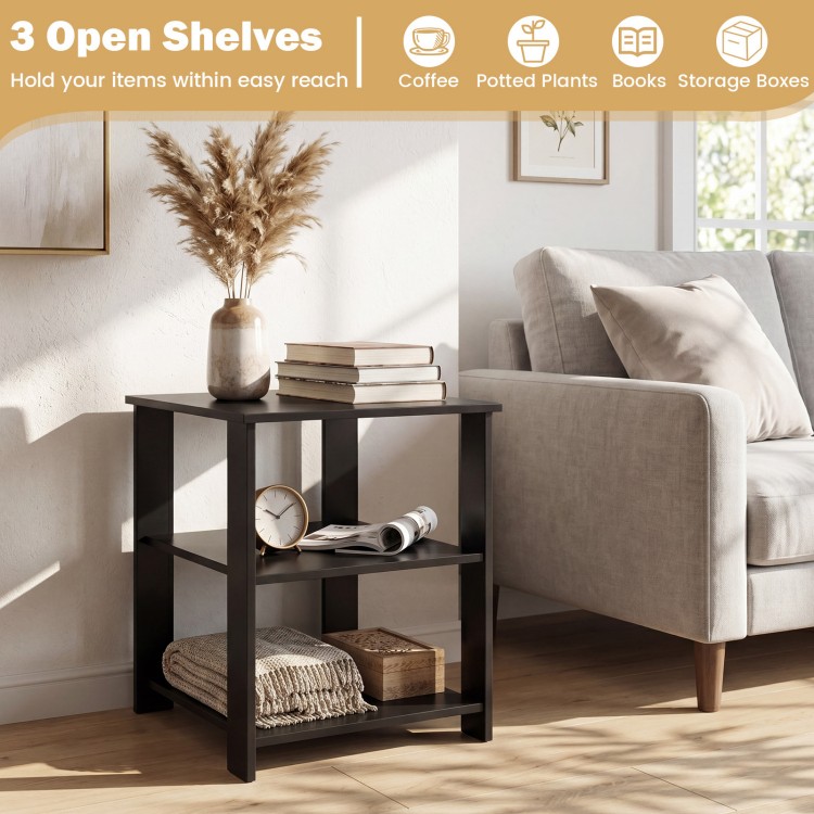 Black 3-tier modern nightstand with open storage shelves, ideal for compact spaces in living room or bedroom.