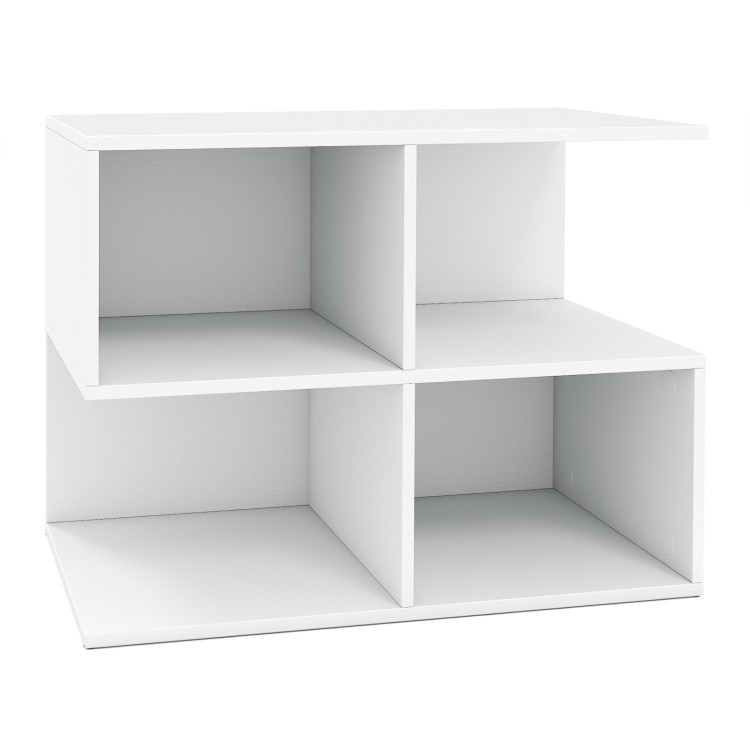 3-tier modern S-shaped end table in white with 4 storage cubes, ideal for living room organization and decor.