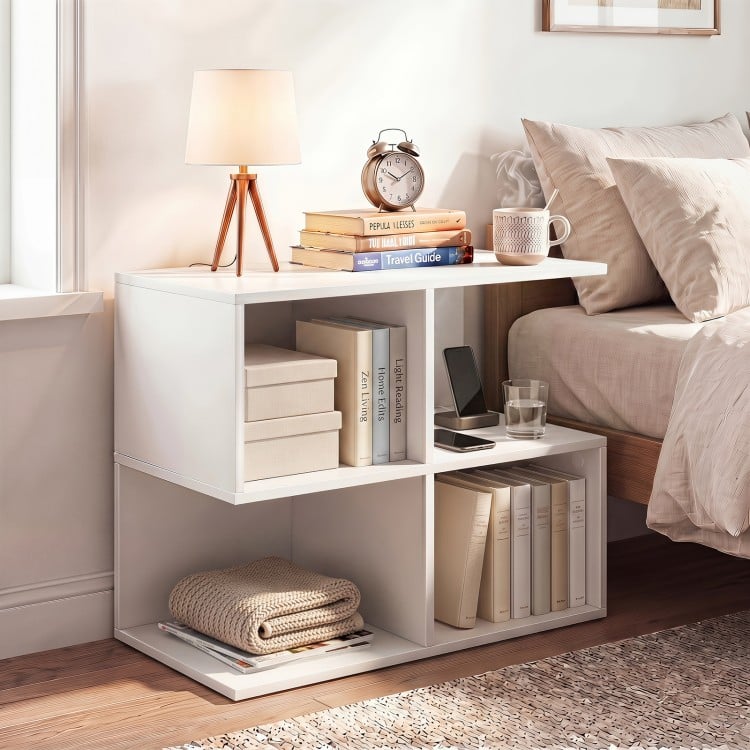 Modern 3-tier S-shaped end table in white with 4 storage cubes, ideal as a nightstand or sofa side table.