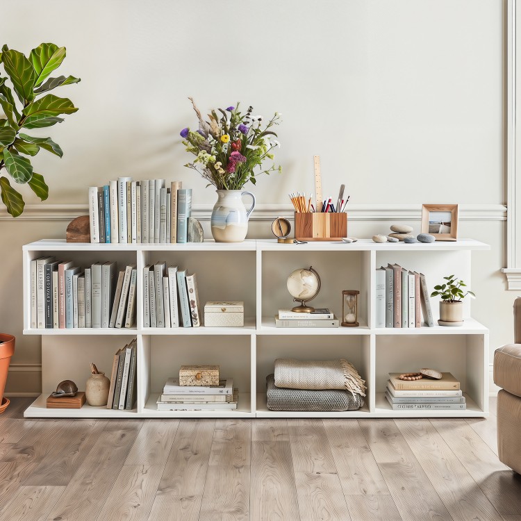 Modern white end table featuring a spacious tabletop and four storage cubes, perfect for living room organization.