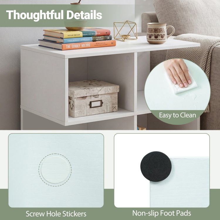 3-tier modern S-shaped end table in white with 4 storage cubes, featuring a smooth surface and non-slip foot pads for stability.