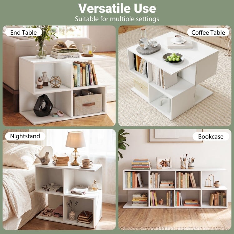 Modern S-shaped end table in white with 4 storage cubes, ideal for living room, nightstand, or coffee table use.