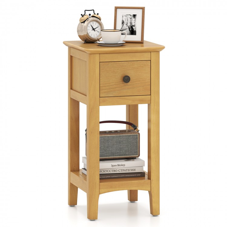 Natural wood 3-tier nightstand with drawer and open shelf, perfect for cozy corners in living rooms or bedrooms.
