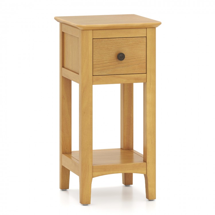 Natural 3-tier nightstand with a drawer and open shelf, perfect for cozy corners in living rooms or bedrooms.
