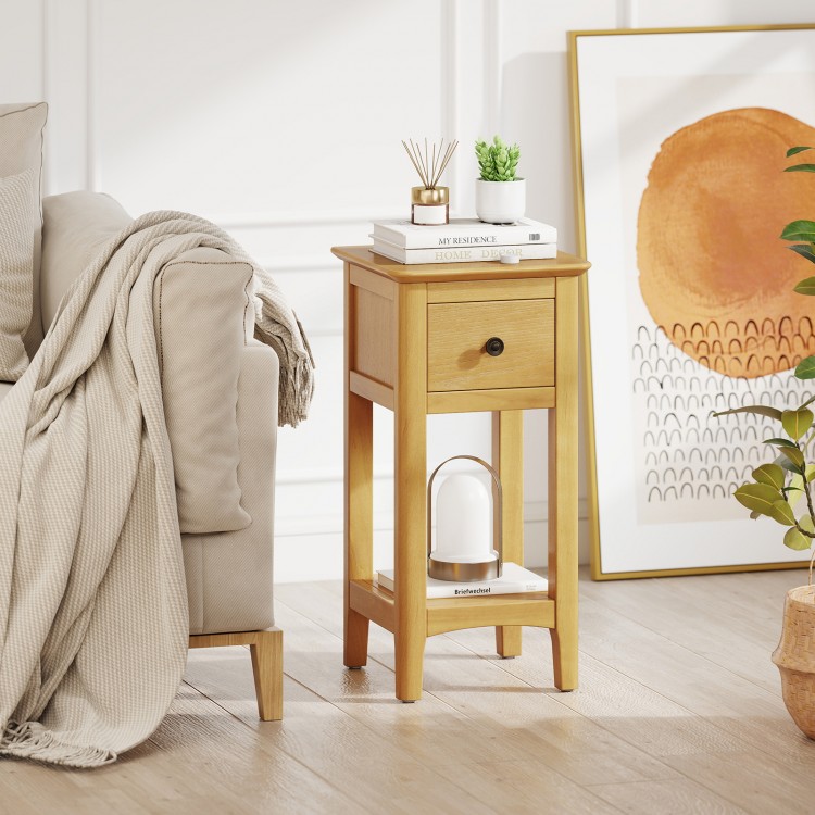 Natural wood 3-tier nightstand with drawer and open shelf, ideal for living room or bedroom storage and display.