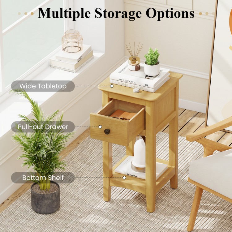 3-tier nightstand with pull-out drawer and bottom shelf, made of solid wood, perfect for living room or bedroom storage.
