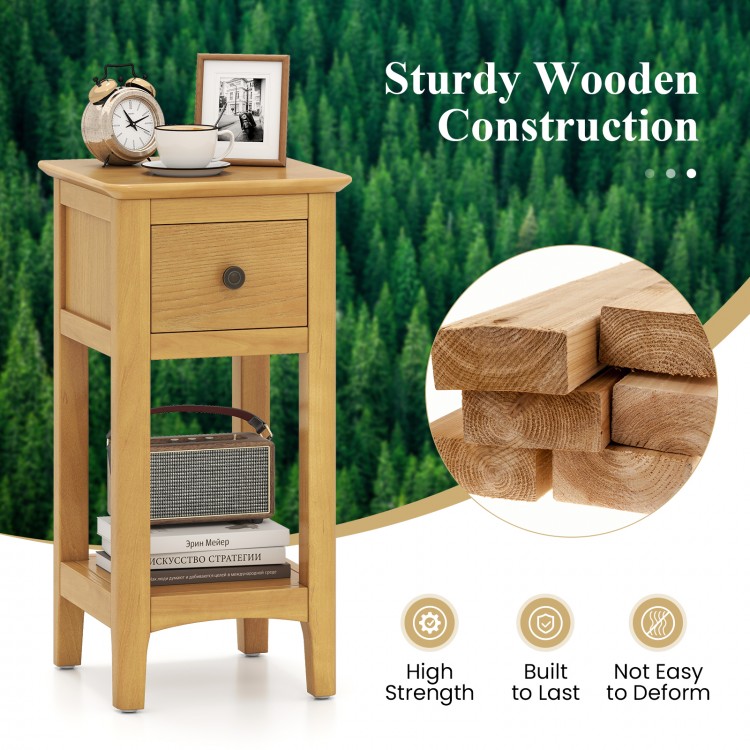 3-tier nightstand with a pull-out drawer and open shelf, made of solid wood for lasting durability in natural finish.