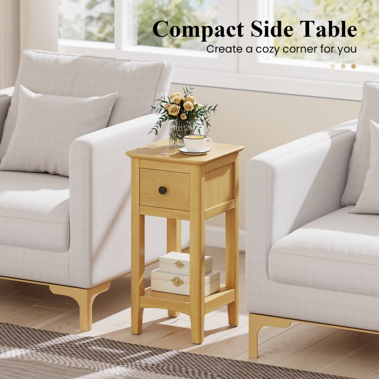 Compact side table with a drawer and open shelf in natural wood, perfect for cozy living room or bedroom corners.