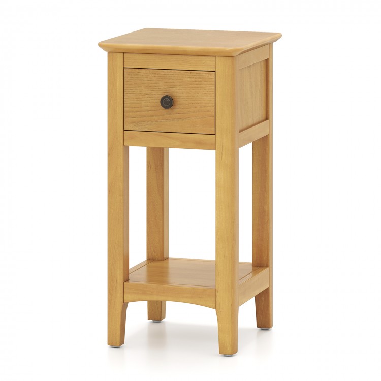 Natural 3-tier nightstand with a pull-out drawer and open storage shelf, perfect for living room or bedroom use.