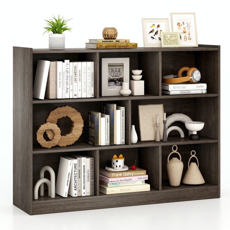 3-tier open bookcase in gray featuring 8 cubes for storage and display, ideal for living room or bedroom organization.