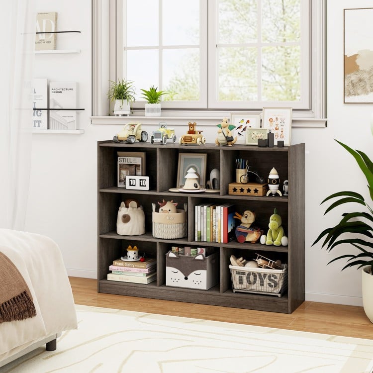 3-tier open bookcase in gray with 8 cubes, perfect for storage and display in living room or kid's room.