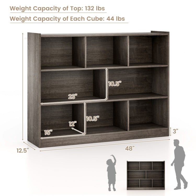 3-tier open bookcase in gray with 8 cubes, showcasing dimensions and weight capacity, ideal for versatile storage.
