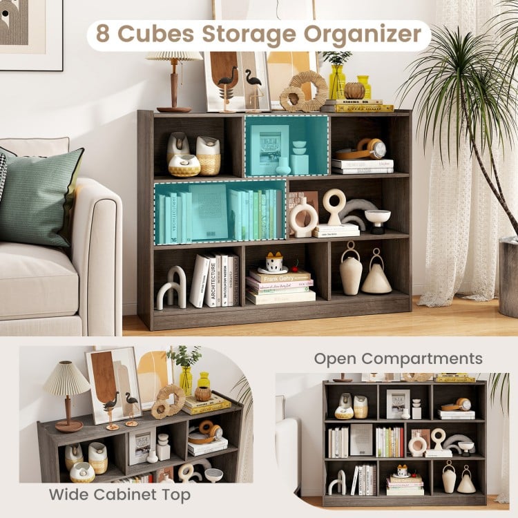 8-cube gray storage organizer with open compartments and wide top, perfect for displaying collections in any room.